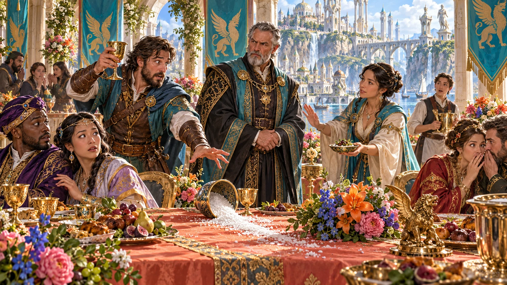 A formal gathering reacts to a social mistake around a banquet table.